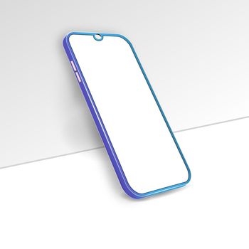 Smartphone frame with blank screen. Realistic blue mockup near the wall. The layout of the universal device. Vector design, smartphone template. Telephone frame.