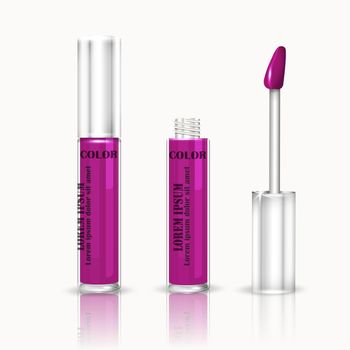 Lip gloss purple isolated on white. Plastic Transparent Bottle, Design Template, Mockup. Front View. Vector illustration