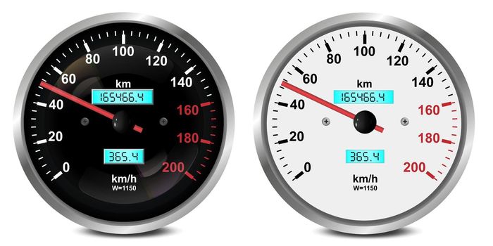 Car dashboard gauges set. Collection of speedometers, tachometers. Vector illustration isolated on white background.