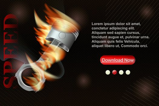 Background with engine piston in orange flame for your design. Registration of an online store of auto parts.