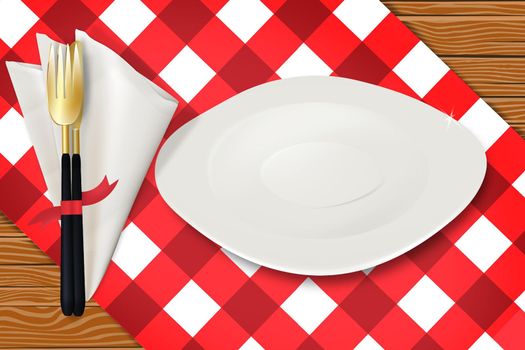 Flatware with napkin on checkered tablecloth eps10.
