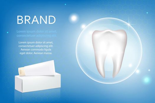 Vector, 3D advertising of whitening toothpaste. A graphic concept for your design. Layout template, tube with packaging.