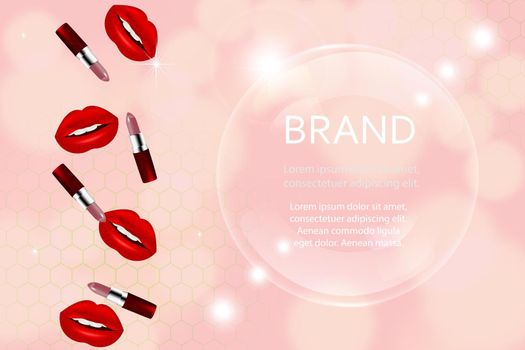Banner design for wide sale with lipsticks and lips in 3D style. Minimal cover design for the Internet, social networks, advertising, a poster with a sale offer and an exclusive discount announcement