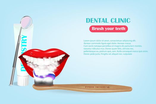 Dental Banner with isolated icons. Vector illustration, Dentistry, Orthodontics. Healthy clean teeth. Dental instruments and equipment. Illustration for your projects