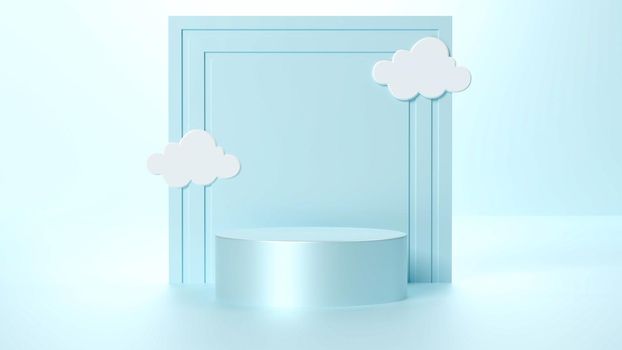 Podium Display with door and Cloud Floating on Blue Sky background,3D blue Cylinder Stand platform on floor,Minimal illustration showcase for Product presentation