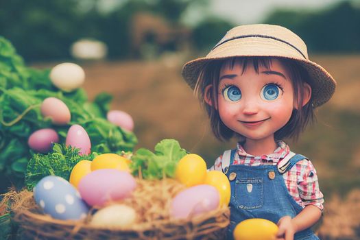 3D render of cute little girl peasant in garden full of Easter eggs.
