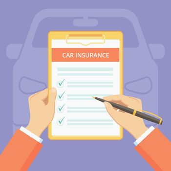 Car insurance policy on clipboard with hand banner