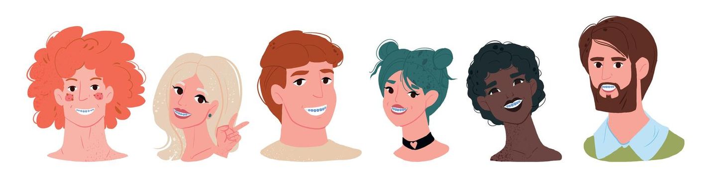 Group of happy cartoon people different gender with teeth braces