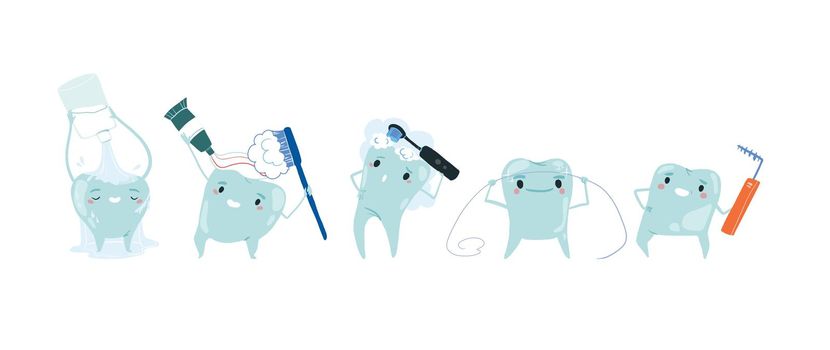 Clean teeth with mouthwash in flat design. Smiling teeth cartoon dental care. Oral healthcare with mouthwash for plaque prevention and fresh breath.