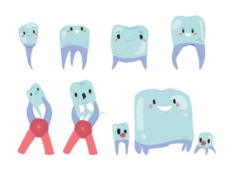 Clean teeth with mouthwash in flat design. Smiling teeth cartoon dental care. Oral healthcare with mouthwash for plaque prevention and fresh breath.