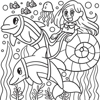 A cute and funny coloring page of a Mermaid Riding In A Seashell Carriage. Provides hours of coloring fun for children. To color, this page is very easy. Suitable for little kids and toddlers.
