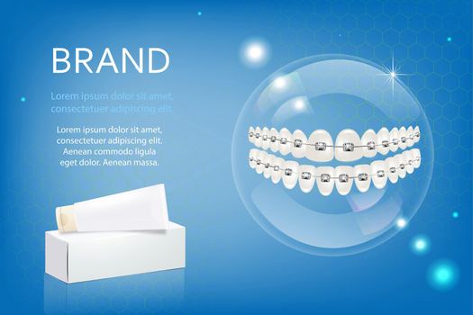 WebVector, 3D advertising of whitening toothpaste. A graphic concept for your design. Layout template, tube with packaging.
