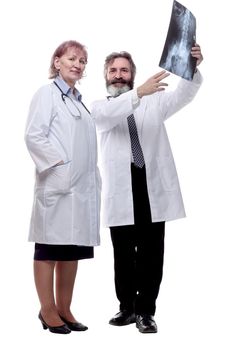 medical colleagues discussing the x-ray . isolated on a white