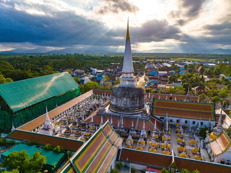 Aerial view of Wat Phra Mahathat Woramahawihan temple in Nakhon Si Thammarat, Thailand