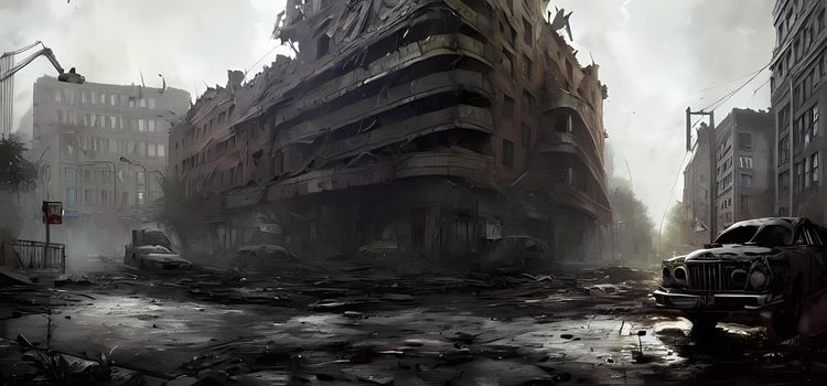 Ruins of war, destroyed buildings and streets. Digital art painting for book illustration,background wallpaper, concept