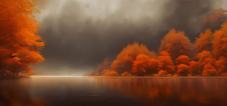 Autumn landscape with calm river. Digital art painting for book illustration,background wallpaper, concept art.