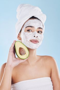Avocado, skincare and woman with facial face mask for cleaning, detox and healthy pores in a beauty portrait. Wellness, peeling and dermatology cosmetics lotion for natural cream product treatment