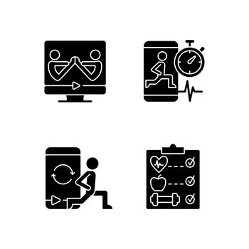 Online fitness wellness programs black glyph icons set on white space.