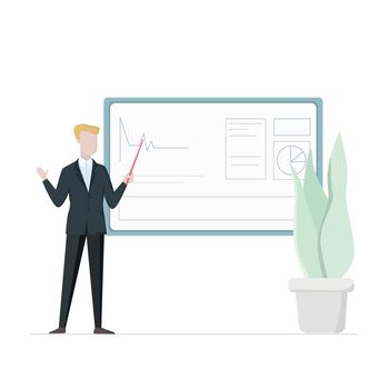 Business presentation, man shows information on whiteboard - Vector