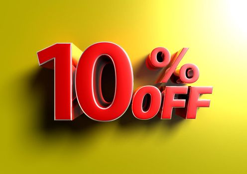 10 Percent off 3d illustration Sign on yellow background.