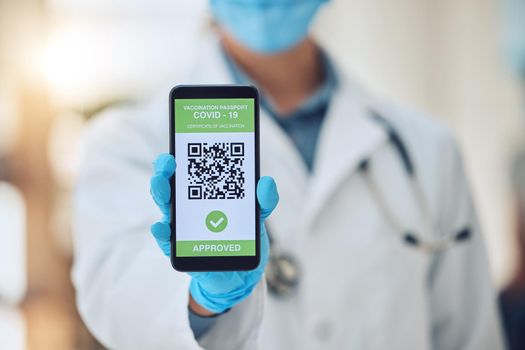 Doctor covid travel, vaccine passport on smartphone and vaccination certificate. International immigration, digital health innovation app, qr code technology and airport security regulation check