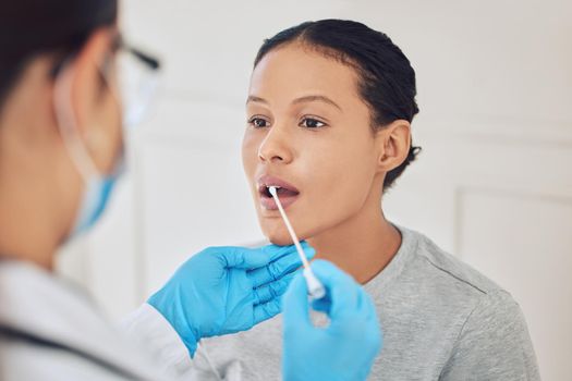 Female patient, healthcare and covid test using swab in mouth to collect specimen at testing center. Medical professional or doctor with gloves for hygiene while working with coronavirus in hospital