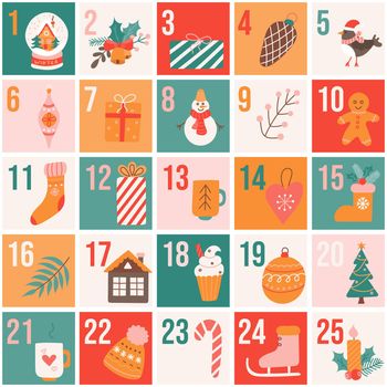 Christmas Advent calendar with various holiday symbols. Flat illustration in hand drawn style
