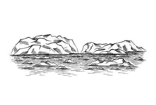 Arctic landscape. Icy mounts, Iceberg. Hand drawn illustration converted to vector.