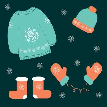 Warm sweater and accessories. Vector illustration