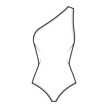 One-shoulder stretch bodysuit technical fashion illustration with open scooped back, medium brief coverage one-piece