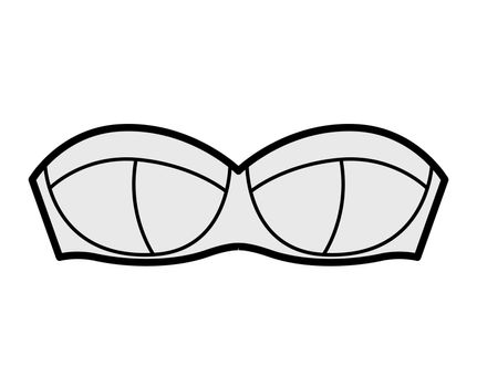 Bra strapless balconette lingerie technical fashion illustration with molded cups, hook-and-eye closure. Flat brassiere template front, grey color style. Women men unisex underwear CAD mockup