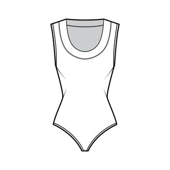 Bodysuit technical fashion illustration with scooped neckline, sleeveless, medium-coverage briefs outwear one-piece