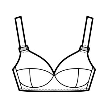 Maternity Bra lingerie technical fashion illustration with adjustable shoulder straps, molded cups, hook-and-eye closure