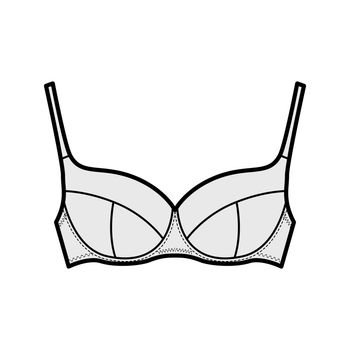 Bra lingerie technical fashion illustration with full adjustable shoulder straps, molded cups, hook-and-eye closure.