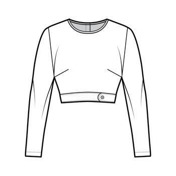 Under bust crop top technical fashion illustration with slim fit, crew neckline, back button fastenings, long sleeves.
