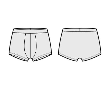 Trunks underwear technical fashion illustration with elastic waistband, Athletic-style skin-tight short-leg boxer briefs