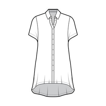 Oversized shirt dress technical fashion illustration with short sleeves, regular collar, high-low hem, button-fastening