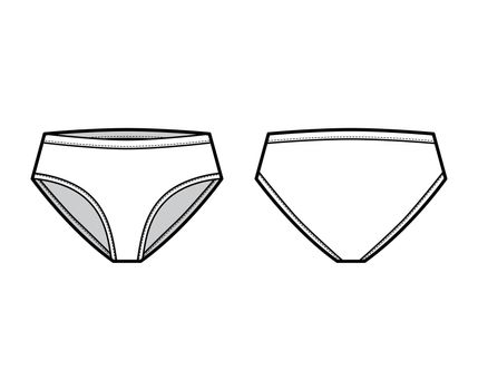 High-cut briefs technical fashion illustration with mid hips coverage and waist rise. Flat Mini-short bikini lingerie