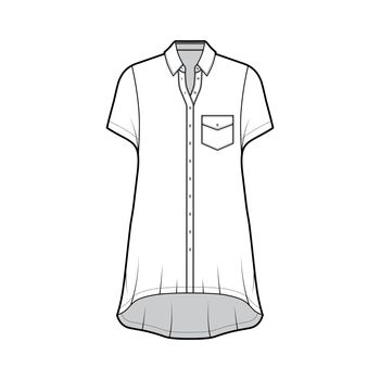 Oversized shirt dress technical fashion illustration with angled pocket, short sleeves, regular collar, high-low hem.