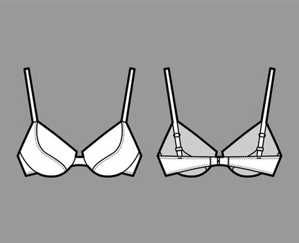 Push-up padded bra lingerie technical fashion illustration with full adjustable shoulder straps, molded cups