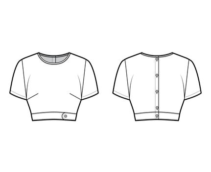 Under bust crop top technical fashion illustration with slim fit, crew neckline, back button fastenings, short sleeves.