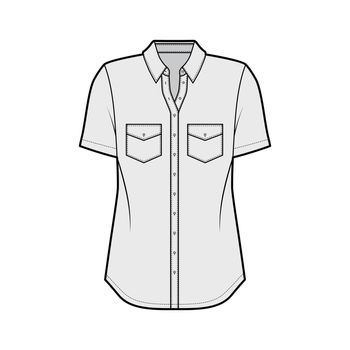 Classic shirt technical fashion illustration with angled pockets, short sleeves, relax fit, front button-fastening
