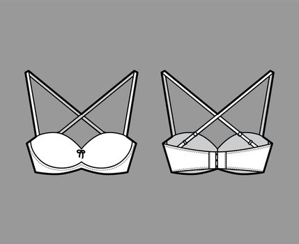 Bra convertible balconette lingerie technical fashion illustration with adjustable shoulder straps, hook-and-eye closure