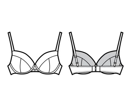 Bra full cup lingerie technical fashion illustration with full adjustable shoulder straps, hook-and-eye closure.