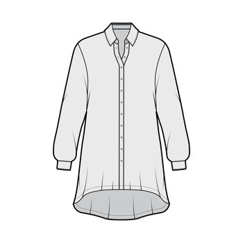 Oversized shirt dress technical fashion illustration with long sleeves, regular collar, high-low hem, button-fastening