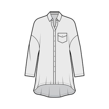 Oversized shirt dress technical fashion illustration with angled pocket, long sleeves, regular collar, high-low hem.