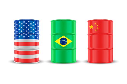 USA, Brazil, China Oil Barrels. Vector 3d Realistic Metal Enamel Oil Barrel Isolated. Crude, Oil Barrel Design Template