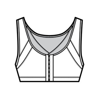 Bra posture lingerie technical fashion illustration with wide adjustable shoulder straps, hook-and-eye closure. Flat