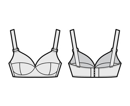 Maternity Bra lingerie technical fashion illustration with adjustable shoulder straps, molded cups, hook-and-eye closure