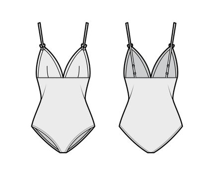 Bodysuit technical fashion illustration with adjustable shoulder straps, medium-coverage briefs. Flat swim and underwear